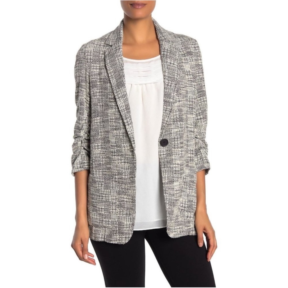 Max Studio Tweed Blazer Preppy Academia Black White Knit Jacket Ruched Sleeve, S
